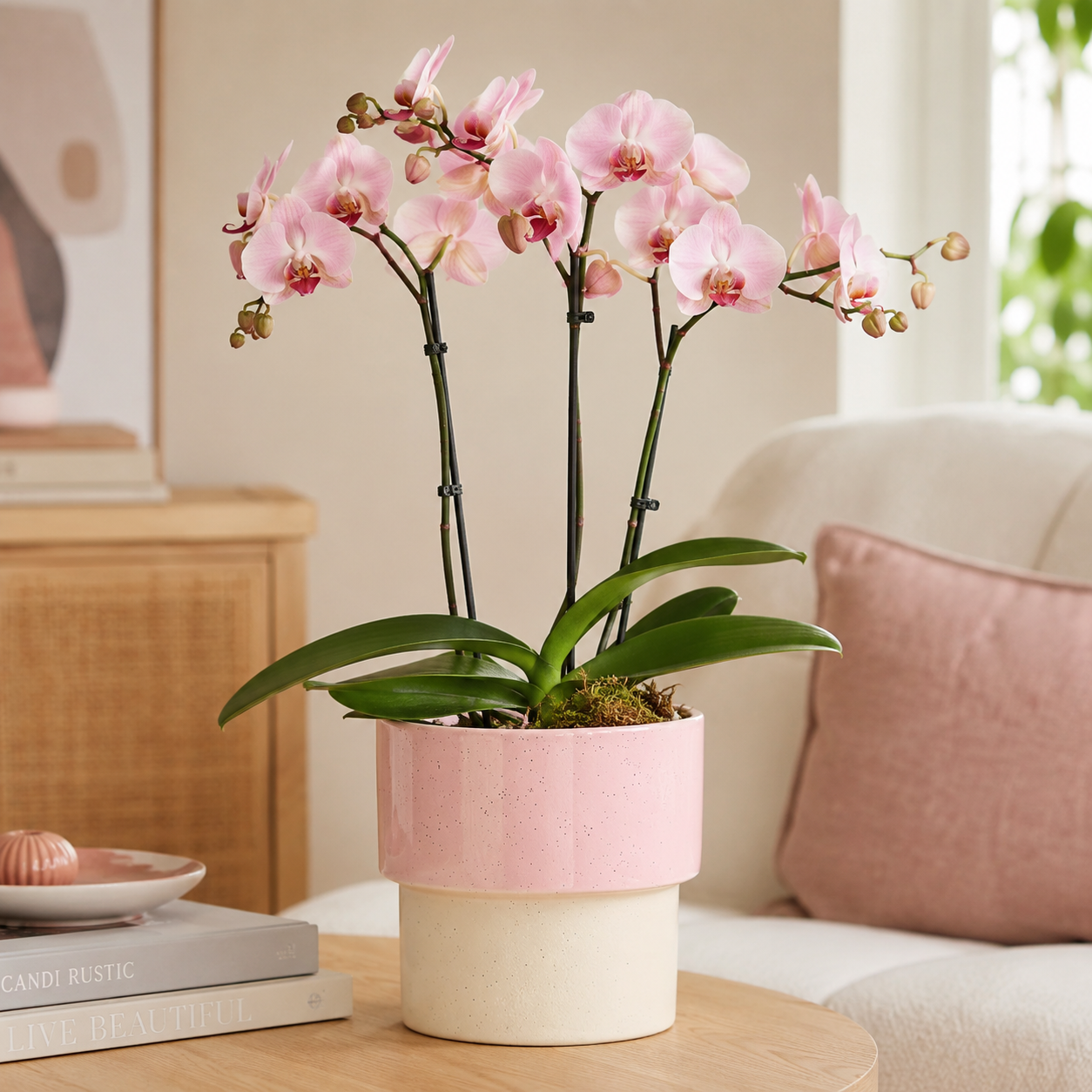 Soft pink orchids in a blush and cream ceramic pot, beside a sunlit sofa.